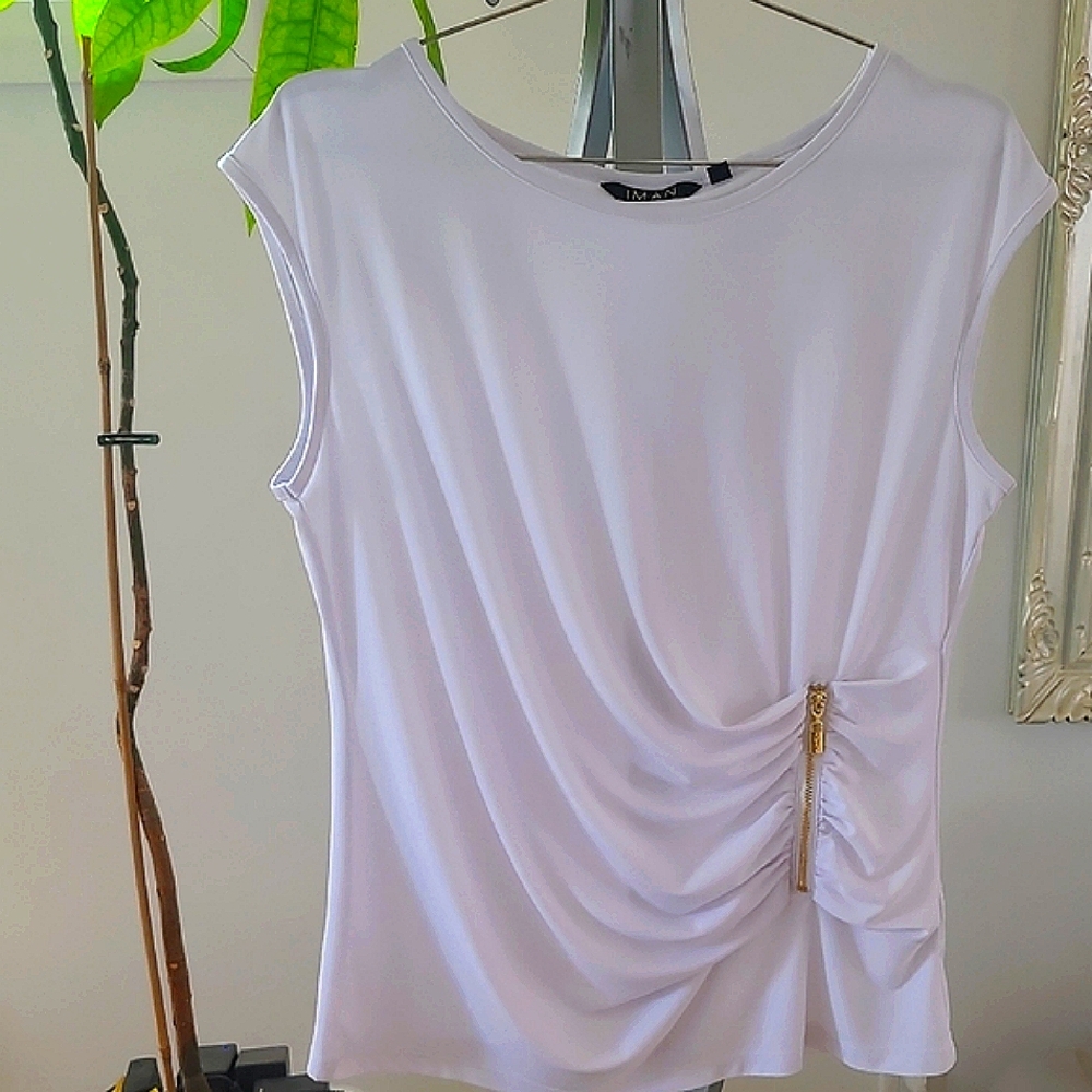 IMAN White Sleeveless Ruched Blouse